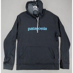 Patagonia Hoodie Mens‎ M Text Logo PolyCycle Hoody Black Blue Spellout Pullover